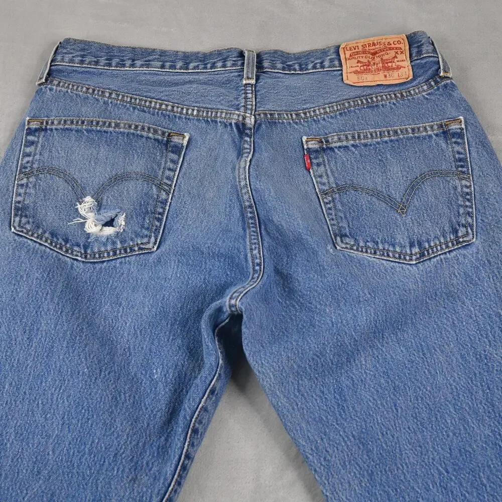 Levis Jeans 501 Mens 36x31 (33x32 Actual) Button Fly Distressed Blue Denim